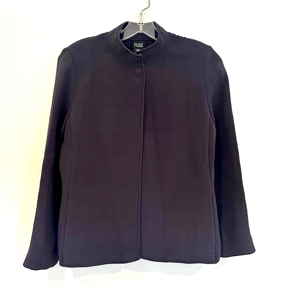 Eileen Fisher High Collar Magnetic Clasp Silk Blend Jacket Women's XS Navy